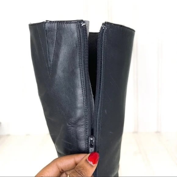 VINTAGE KNEE HIGH BLACK THICK LEATHER CHUNKY PLATFORM HEELS BOOTS SIDE ZIPPER - Picture 13 of 14